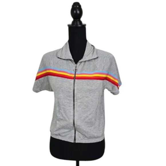 Rainbow Stripe Zip Up Top Small | Retro Y2K Sporty Festival Layer - Picture 2 of 11